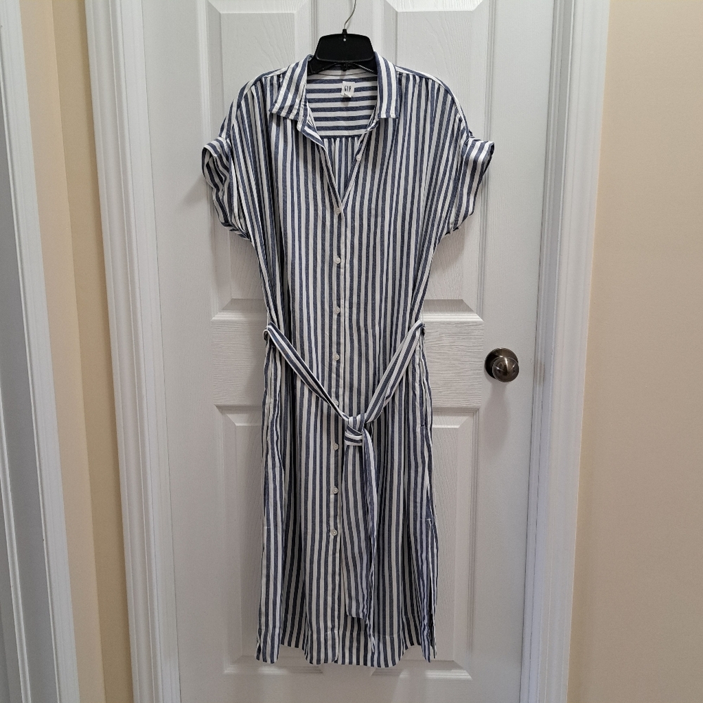 GAP Blue and White Striped Midi Shirt Dress